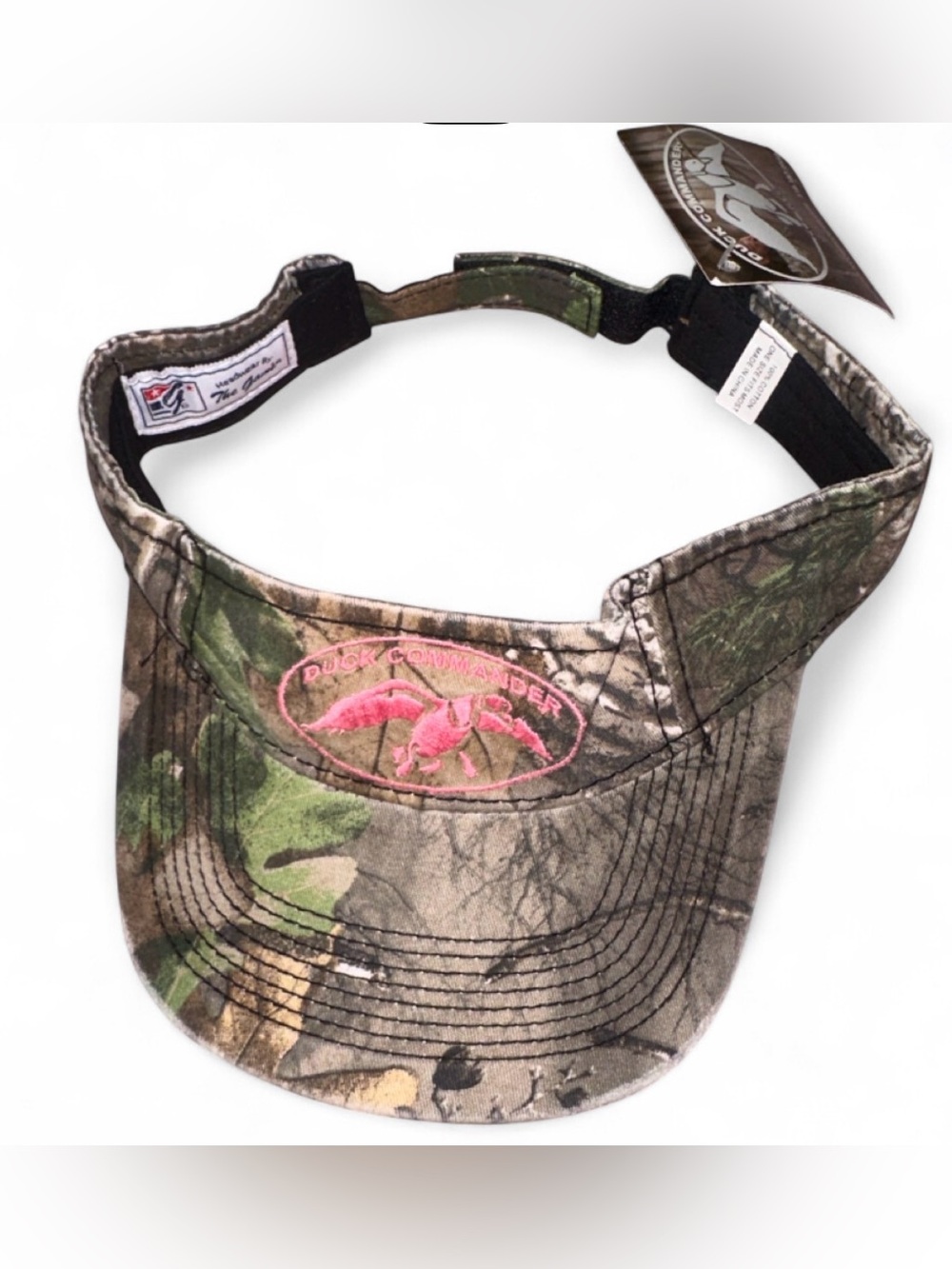 Duck Commander camo visor with pink logo graphic